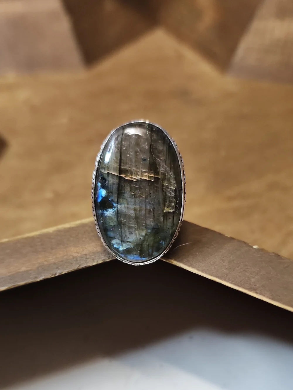 Labradorite Oval Statement Ring - Blue-Green Sheen